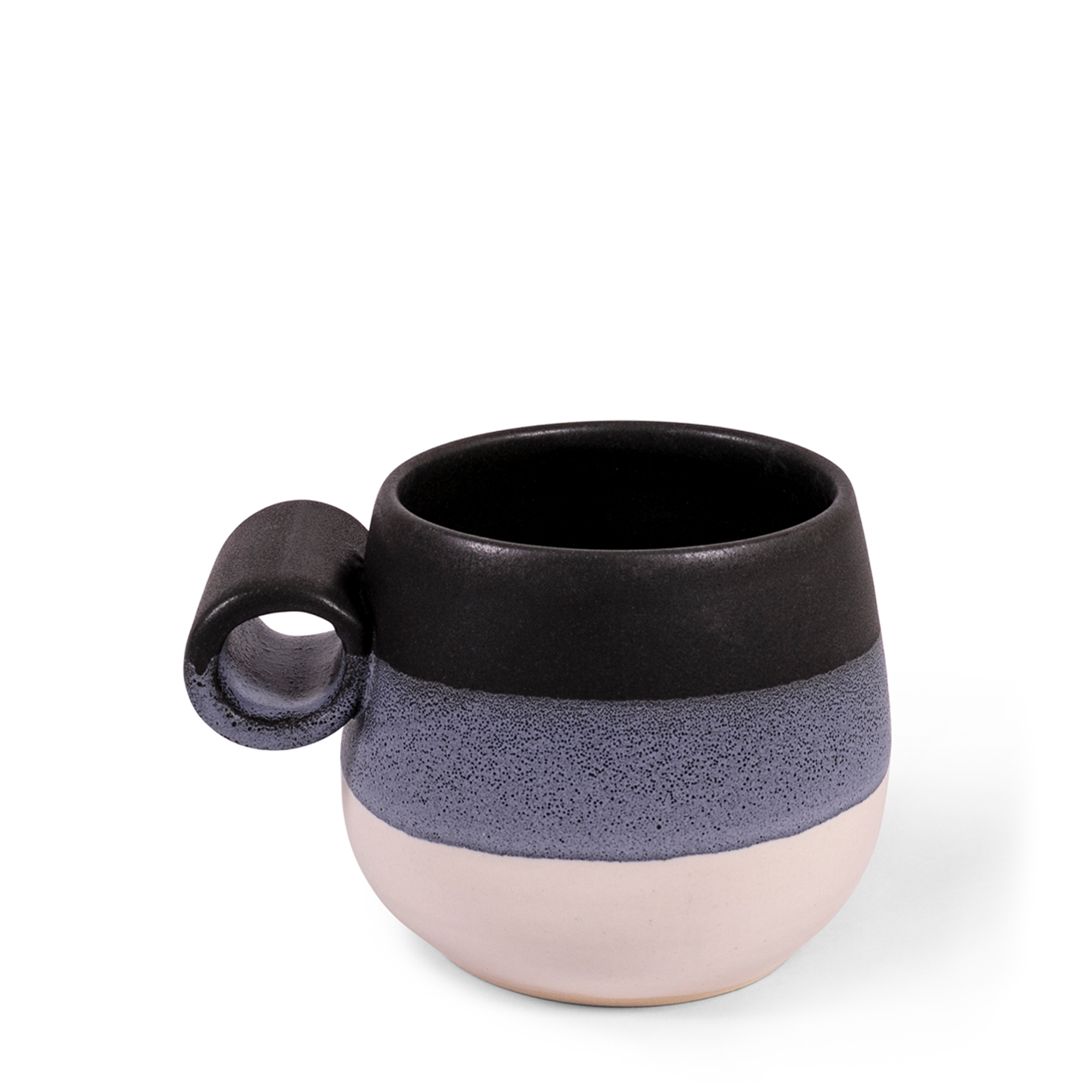 This mug features a tiered soft blue and rich black glaze on a white base, complemented by a narrow handle for a comfortable grip. Perfect for coffee or tea.