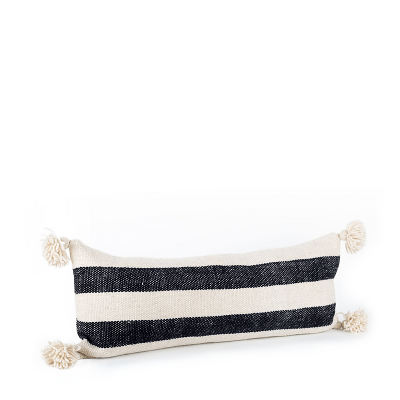 Pewma Striped Lumbar Pillow W/ Pom Poms - Black + White