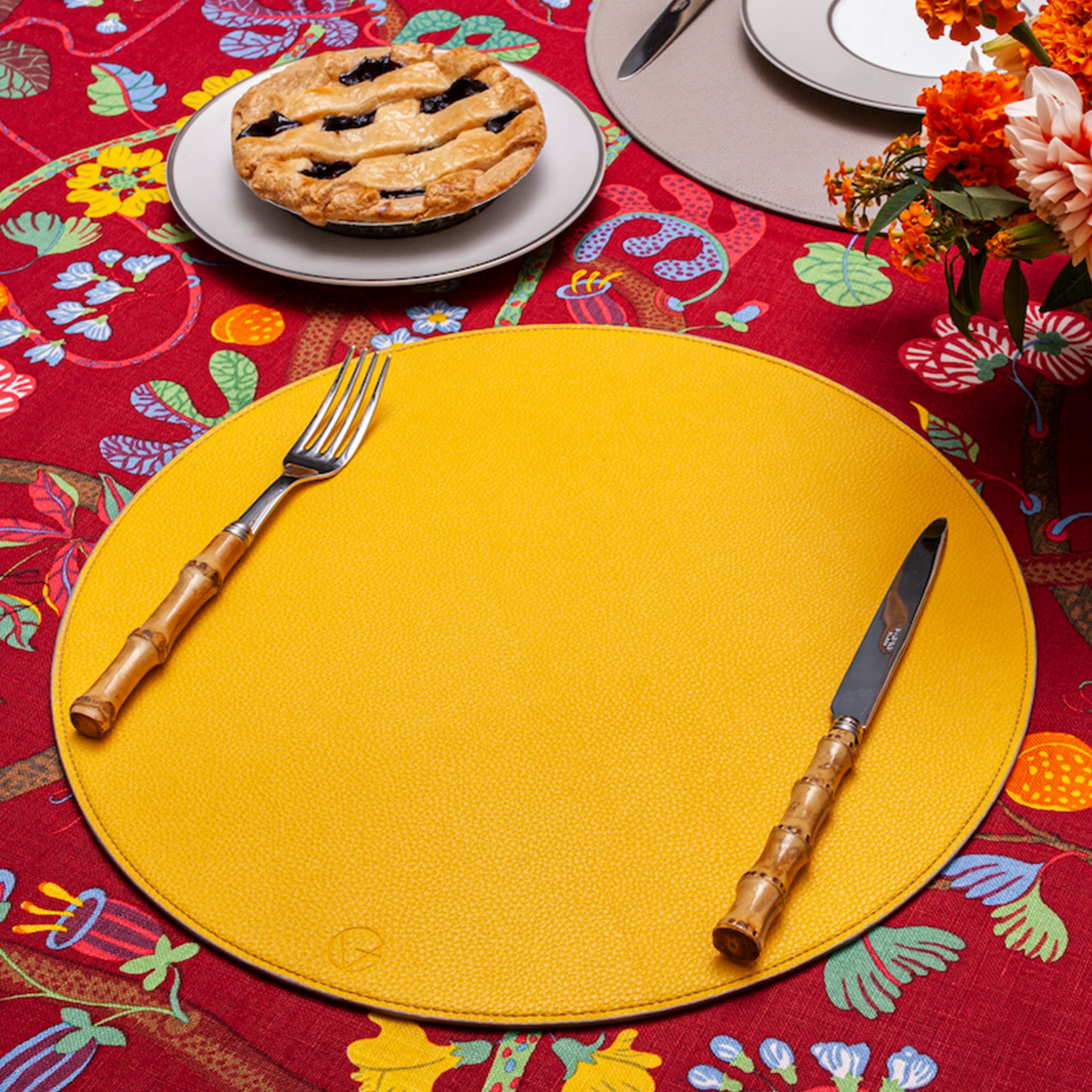 Vegan Leather Reversible Placemat - Yellow + Taupe