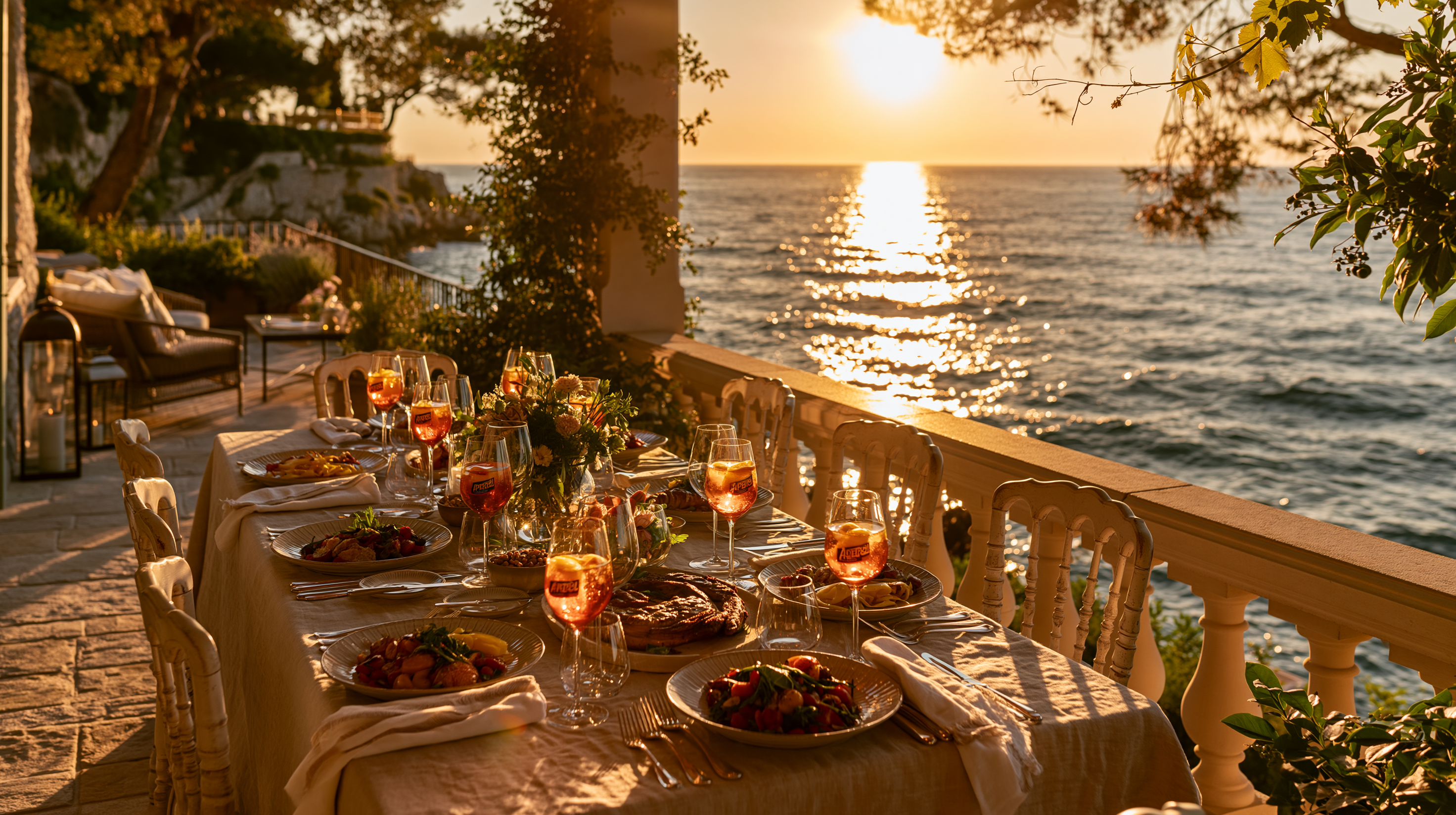 A golden-hour aperitivo on a Mediterranean balcony, with a Trudon candle wearing the gold Solis Rex Sun King topper, overlooking a sunlit sea