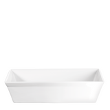 Heat resistant, white porcelain rectangular gratin dish, used for baking and broiling dishes like gratins and casseroles.