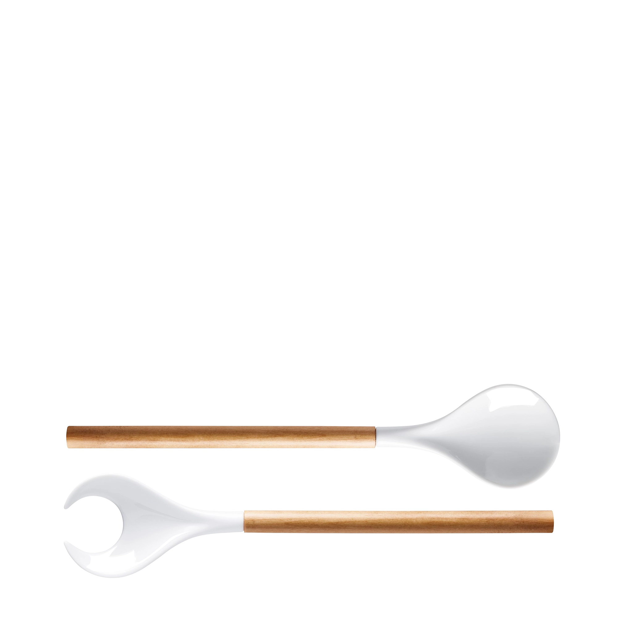A combination of natural birch wood handles and white porcelain serving ends, these salad servers are designed for tossing and serving salads, providing a stylish and rustic touch to your dining experience.