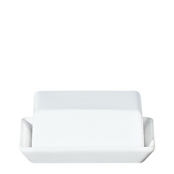 A white dish with a lid designed to hold and serve butter. Provides a classic and elegant way to keep butter fresh and easily accessible on the table or in the kitchen.