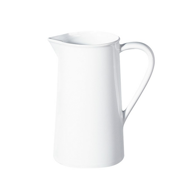 White elegant porcelain jug, made for serving beverages or pouring liquids.