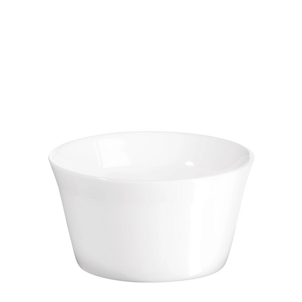 Oven safe, white porcelain round dish for baking delicate soufflés and muffins.