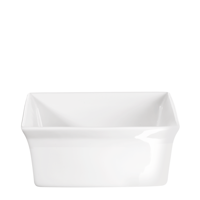 White porcelain container for baking and broiling dishes like gratins, casseroles, and other oven-baked meals.
