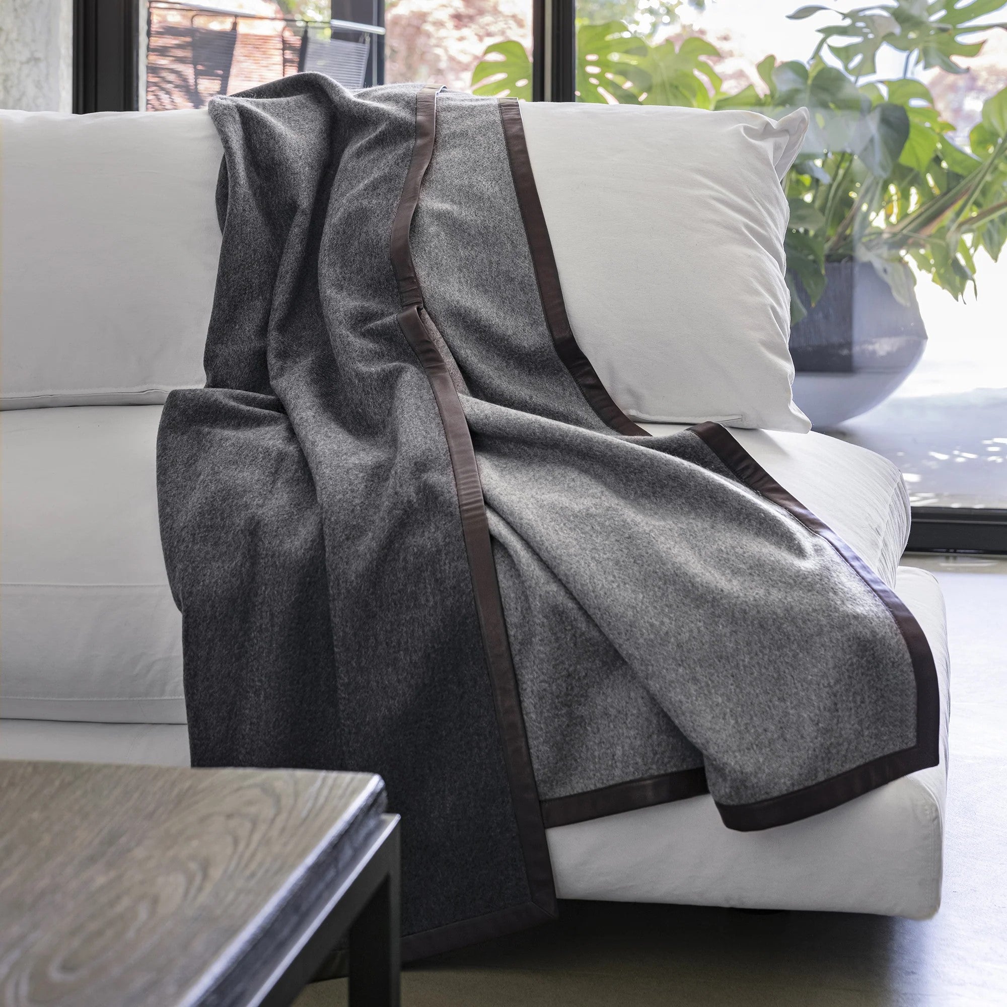 Salon Leather Edged Reversible Throw - Charcoal