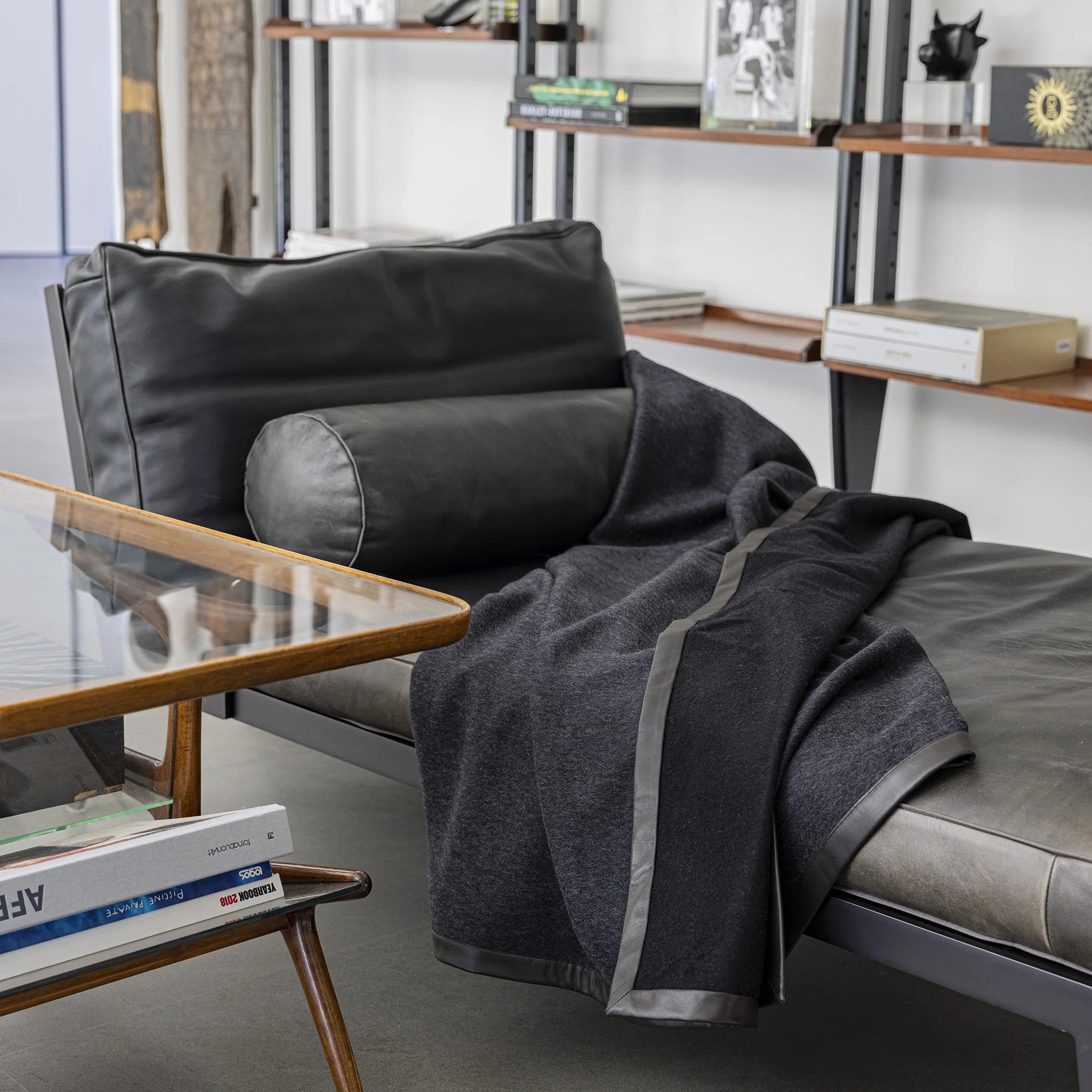 Salon Leather Edged Reversible Throw - Charcoal