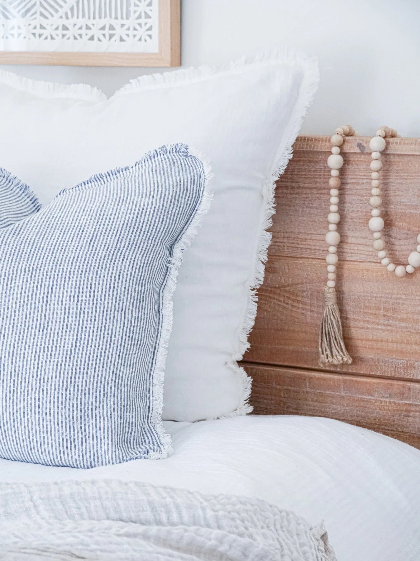 Pinstripe Fringe Linen Pillow - Blue