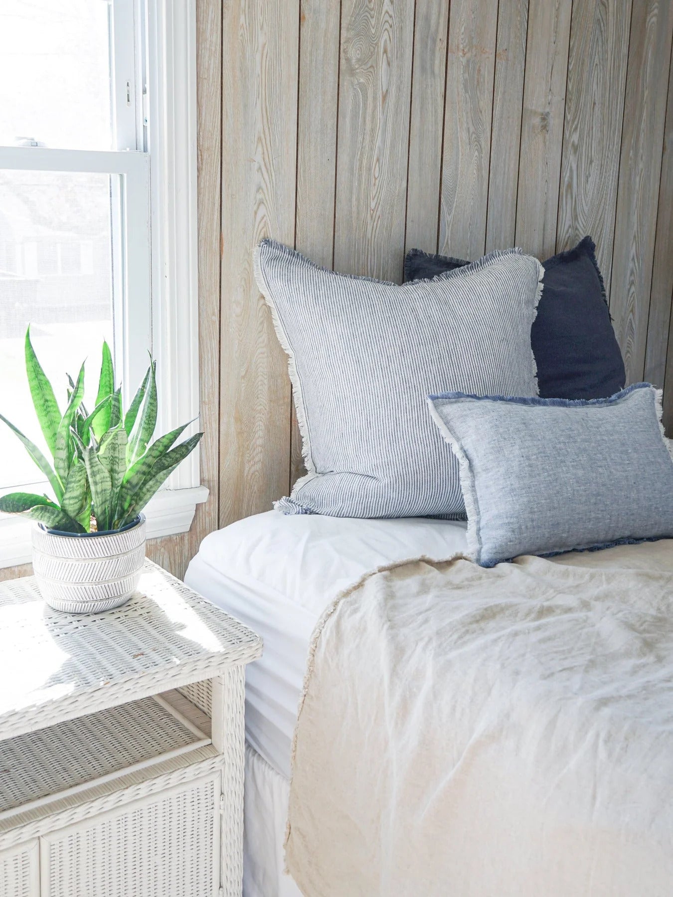 Pinstripe Fringe Linen Pillow - Blue