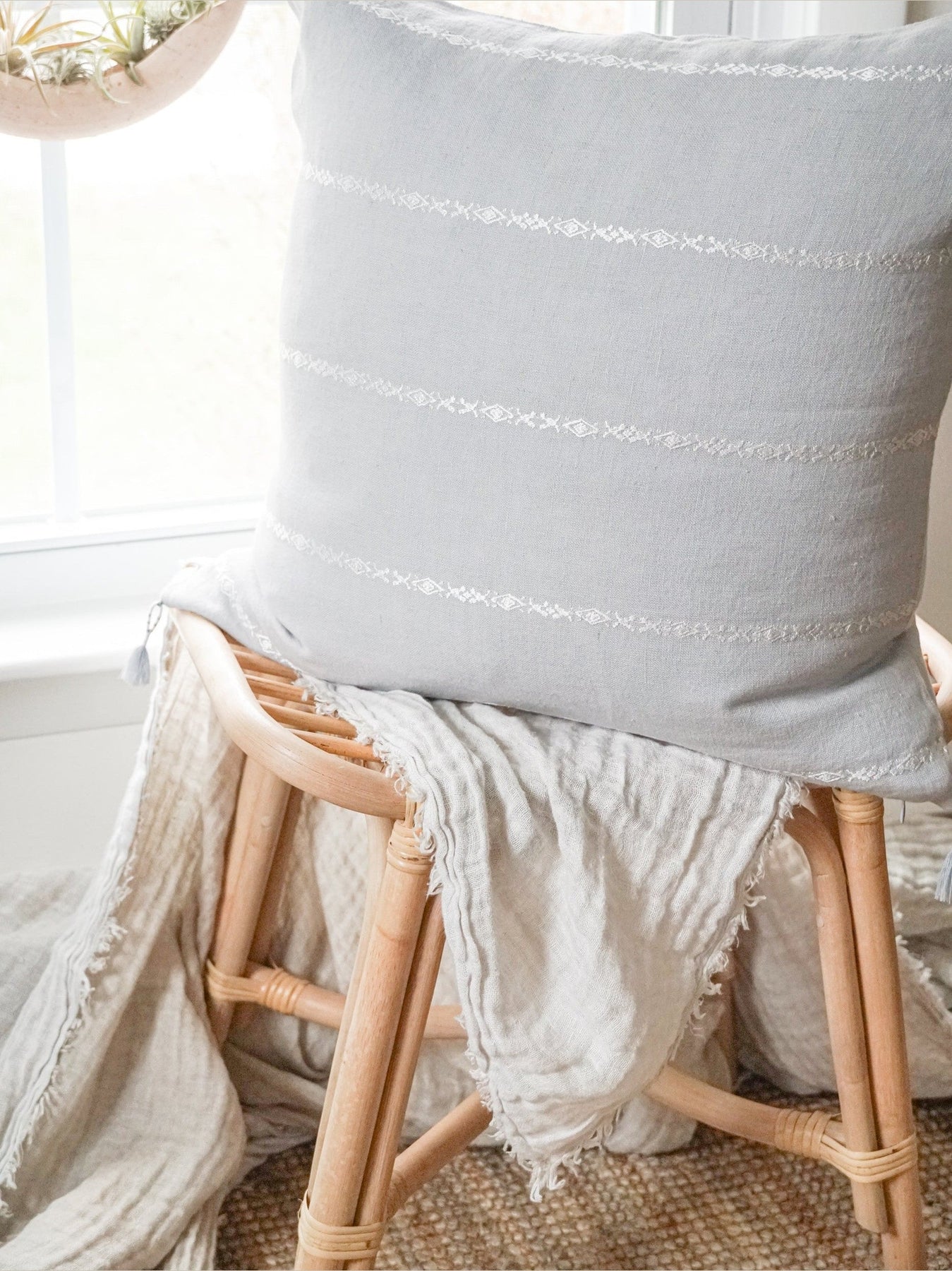 Seville Embroidered Stripe Linen Pillow - Light Grey