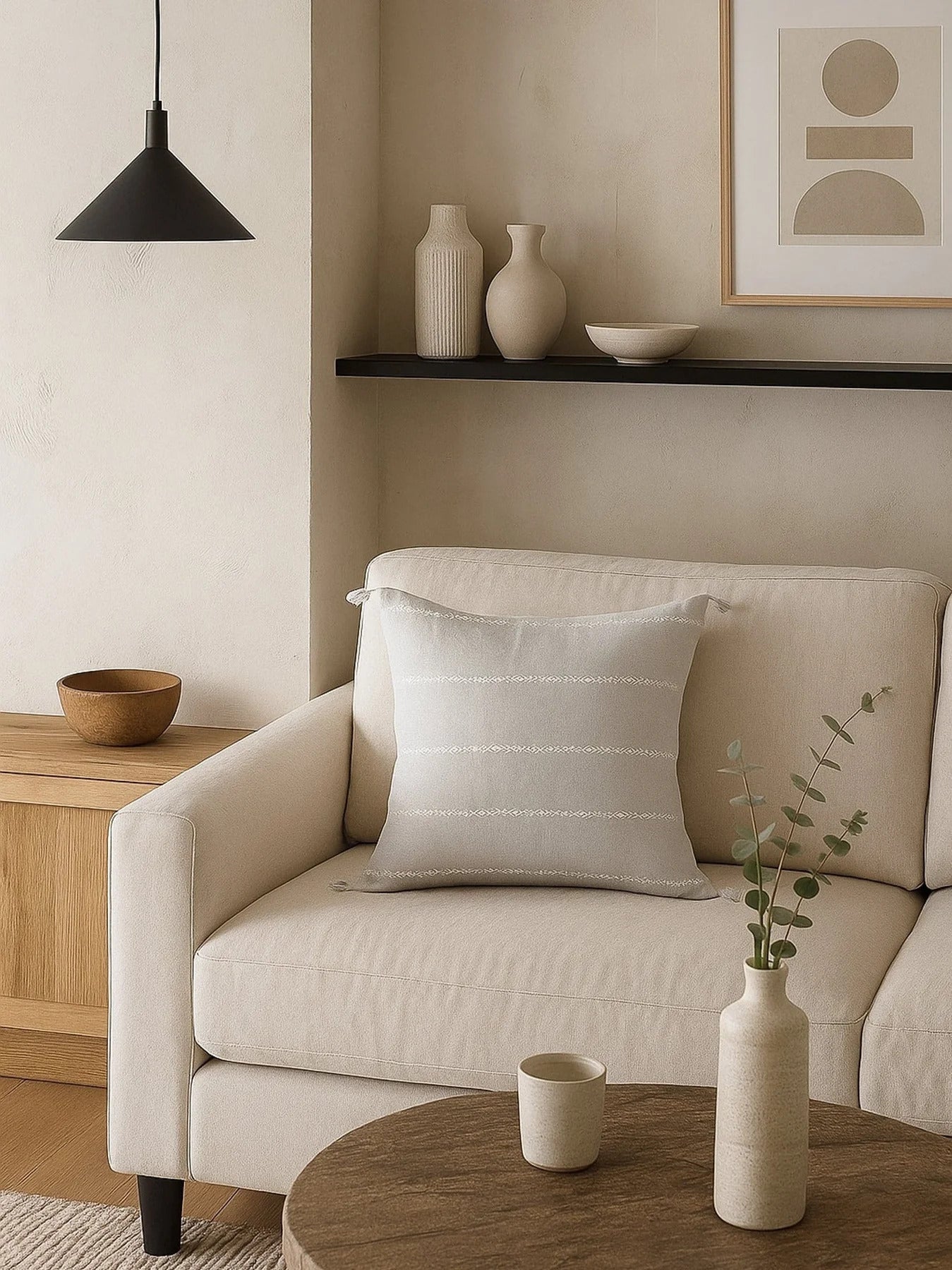 Seville Embroidered Stripe Linen Pillow - Light Grey
