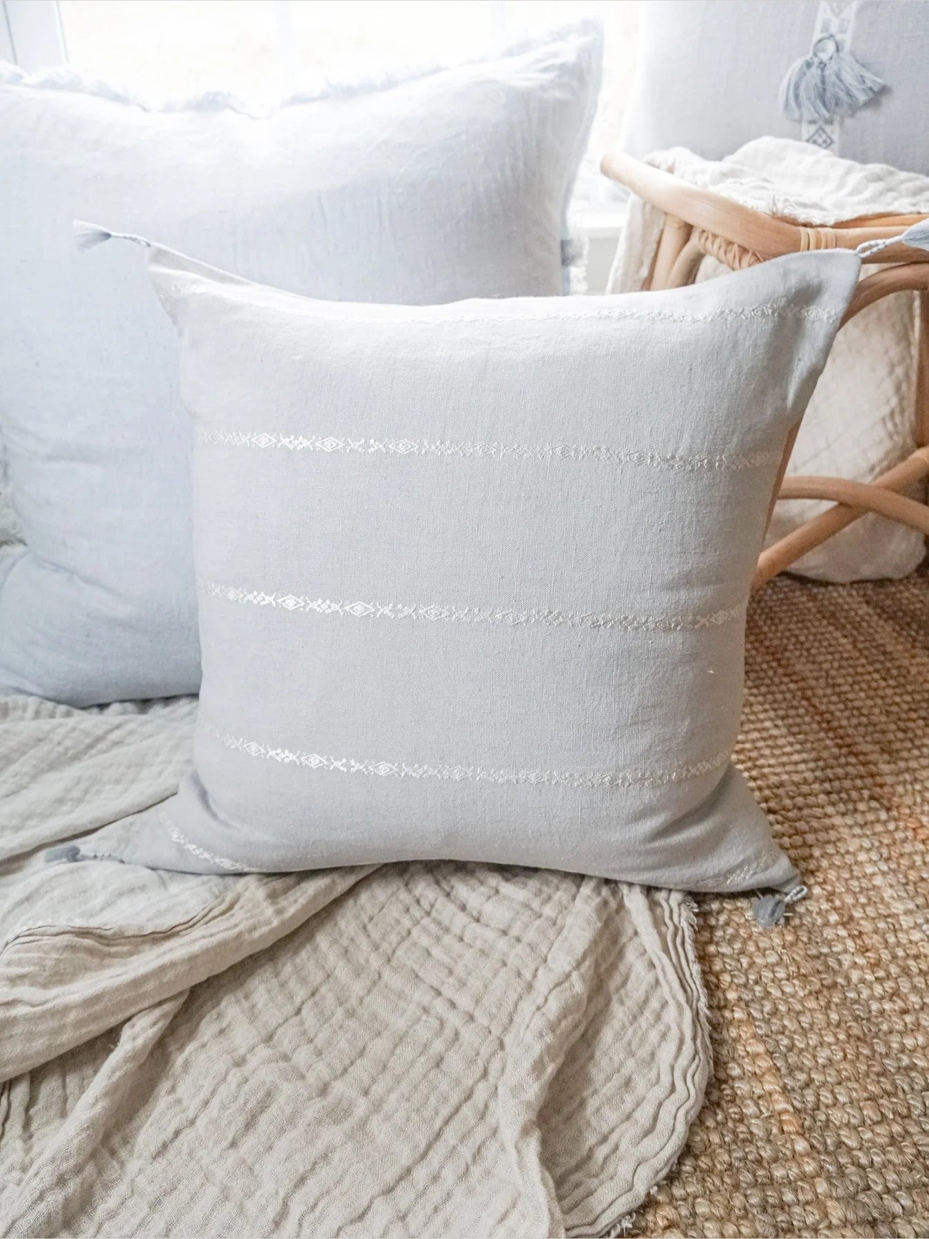 Seville Embroidered Stripe Linen Pillow - Light Grey