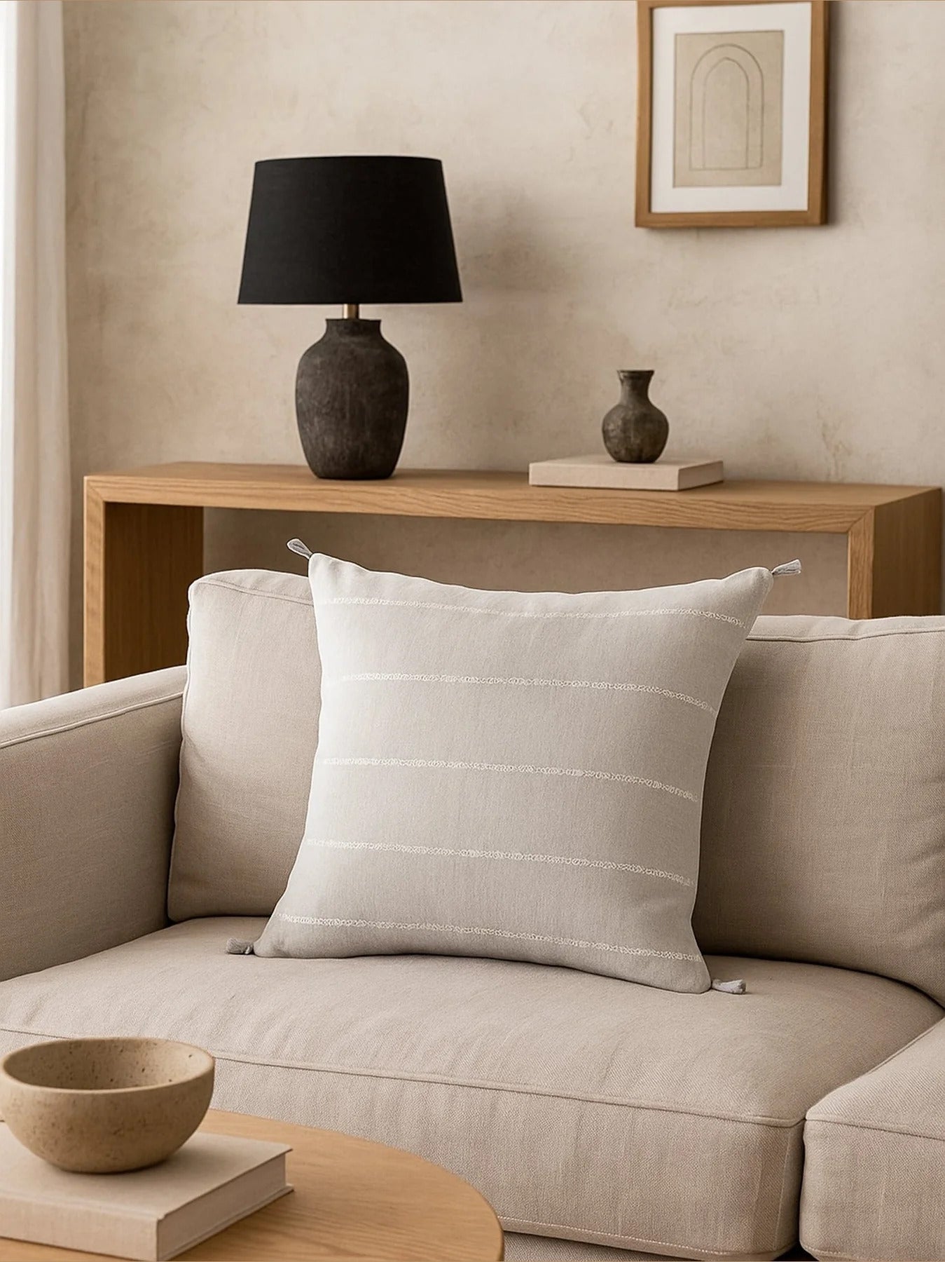 Seville Embroidered Stripe Linen Pillow - Light Grey