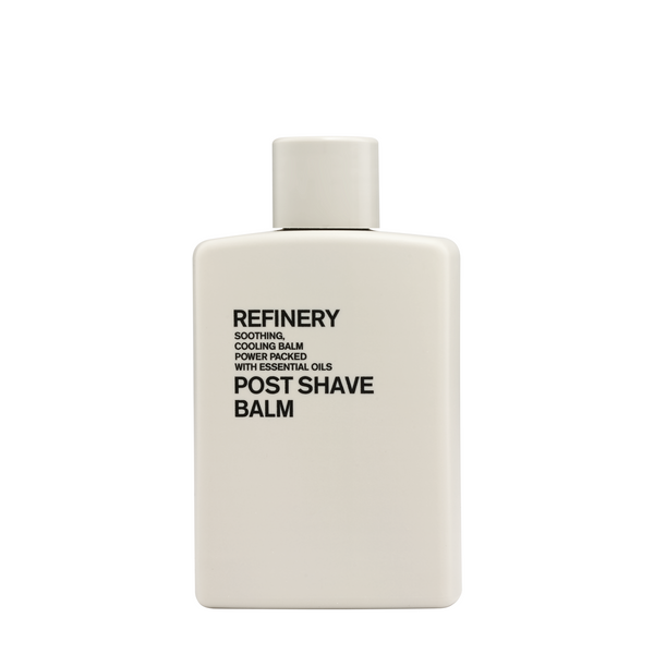 Refinery Men's Post Shave Balm packed in 100 ml minimalistic white bottle.