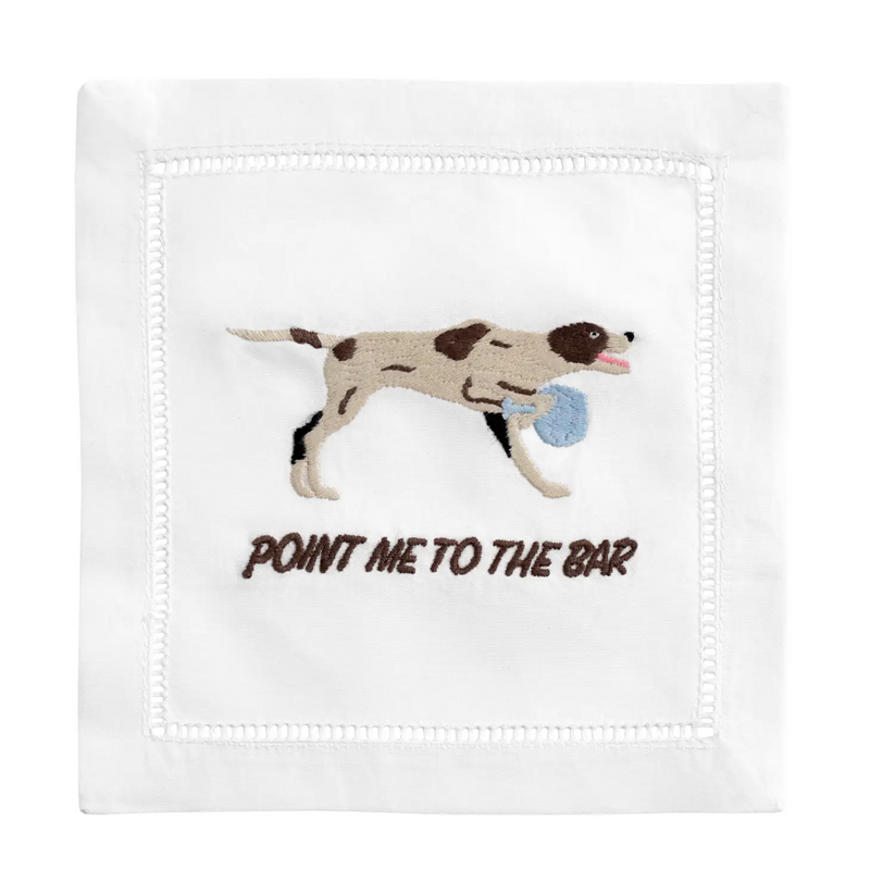 A humorous design featuring a dog holding a paddle, humorously suggesting that it's time to head to the bar and enjoy some drinks at your party.