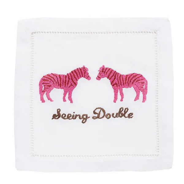 Cocktail napkin Seeing Double, a humorous design featuring two pink zebras, adding a fun touch to your cocktail party.