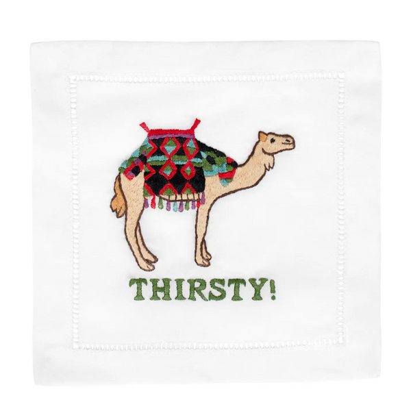 Thirsty Camel Cocktail Napkins, a witty design featuring a thirsty camel, humorously hinting at the need for refreshment.