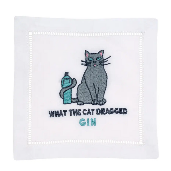 What The Cat Dragged Gin Cocktail Napkin, a humorous design featuring a mischievous cat holding a bottle of gin.