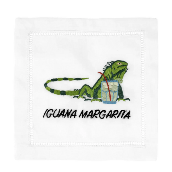 A lively and colorful napkin featuring an illustration of an iguana enjoying a margarita, bringing a tropical vibe to your cocktail parties.