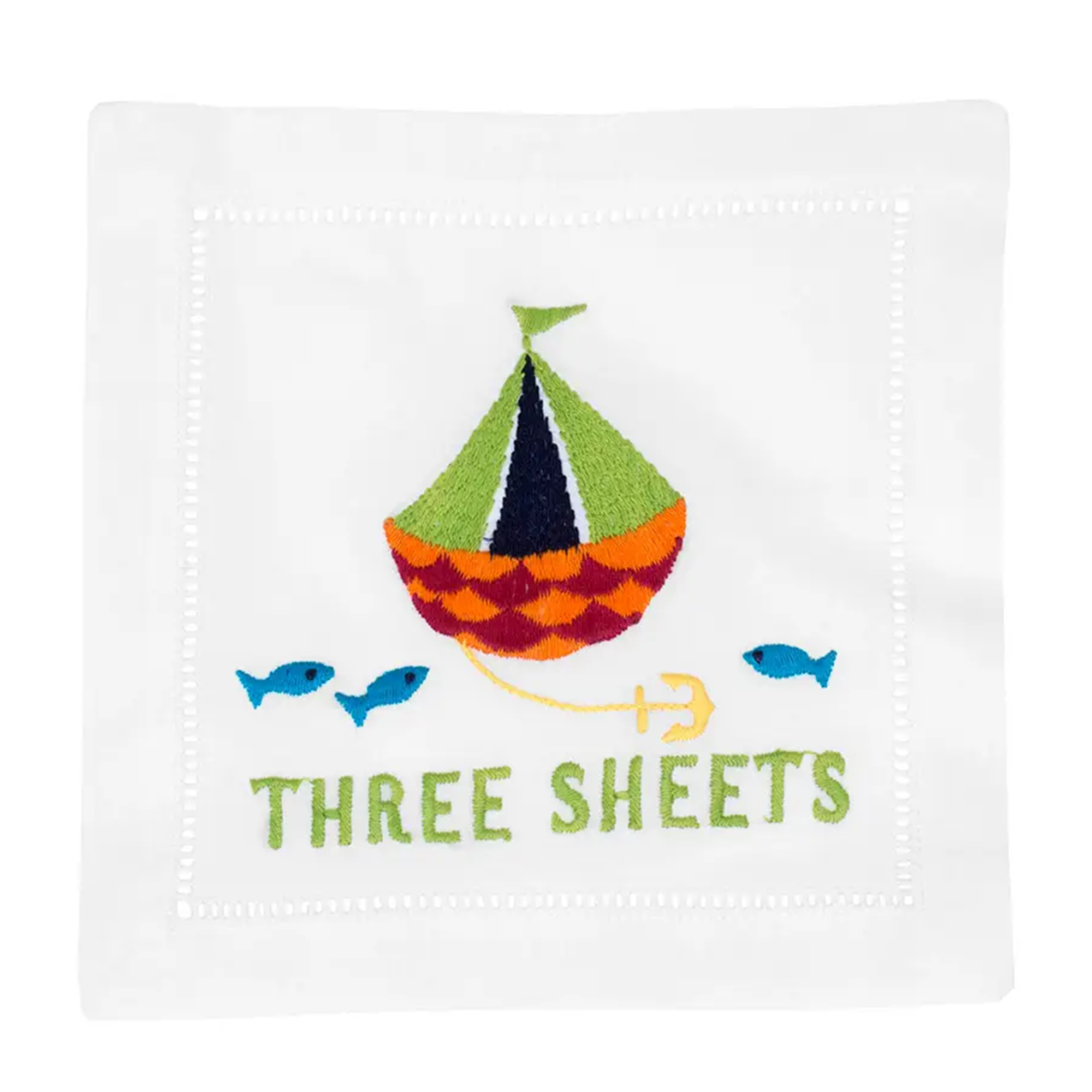 Three Sheets Cocktail Napkin features an embroidered design of a colorful sailboat anchored with three fish swimming around it. This vibrant and playful motif adds a nautical and whimsical touch to any gathering.