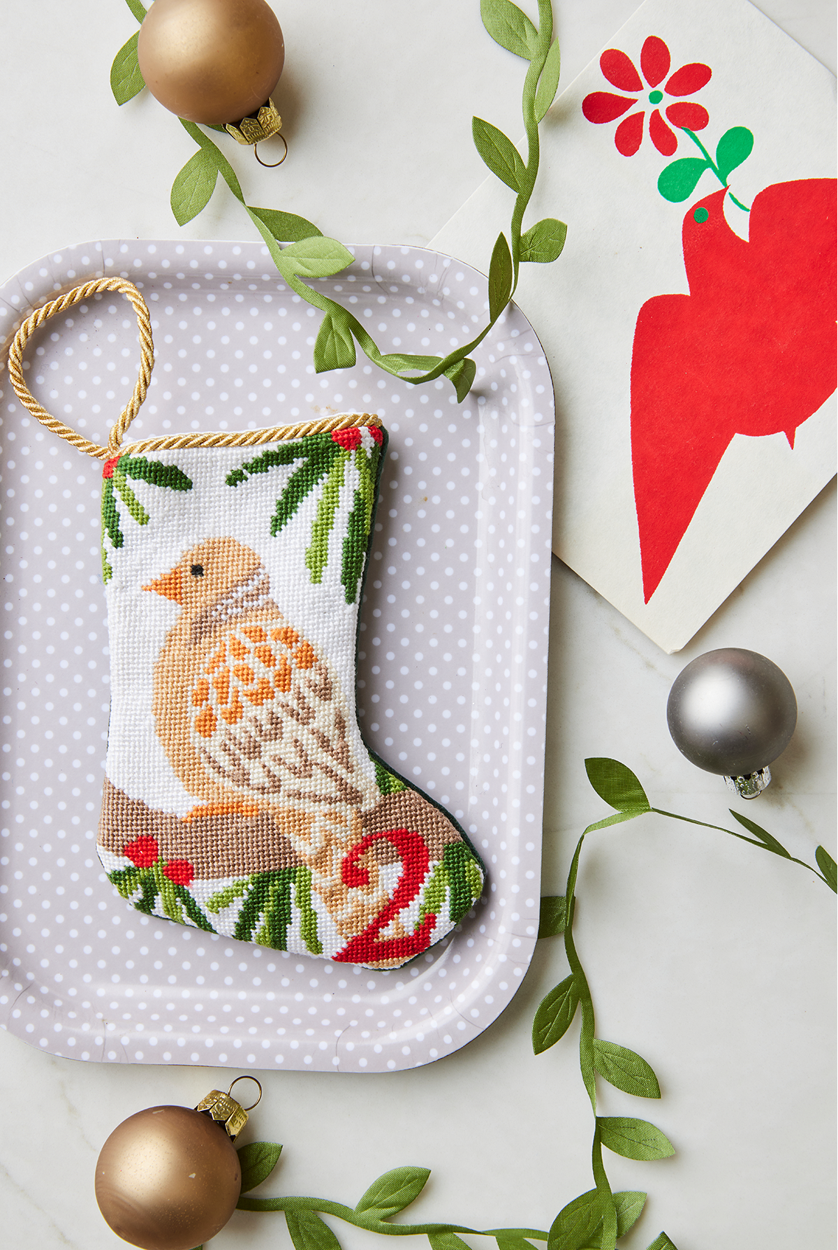 Mini Needlepoint Stocking - 2 Turtle Doves