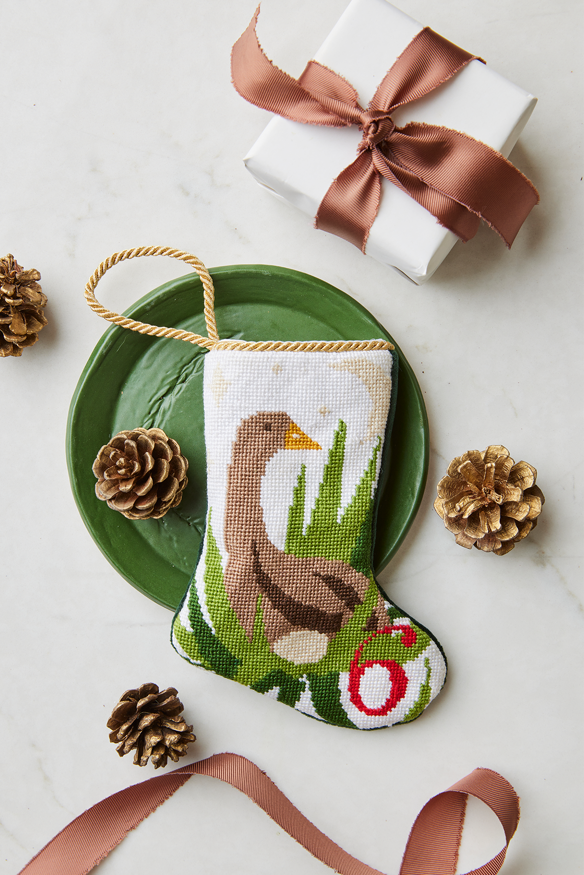 Mini Needlepoint Stocking - 6 Geese a Laying