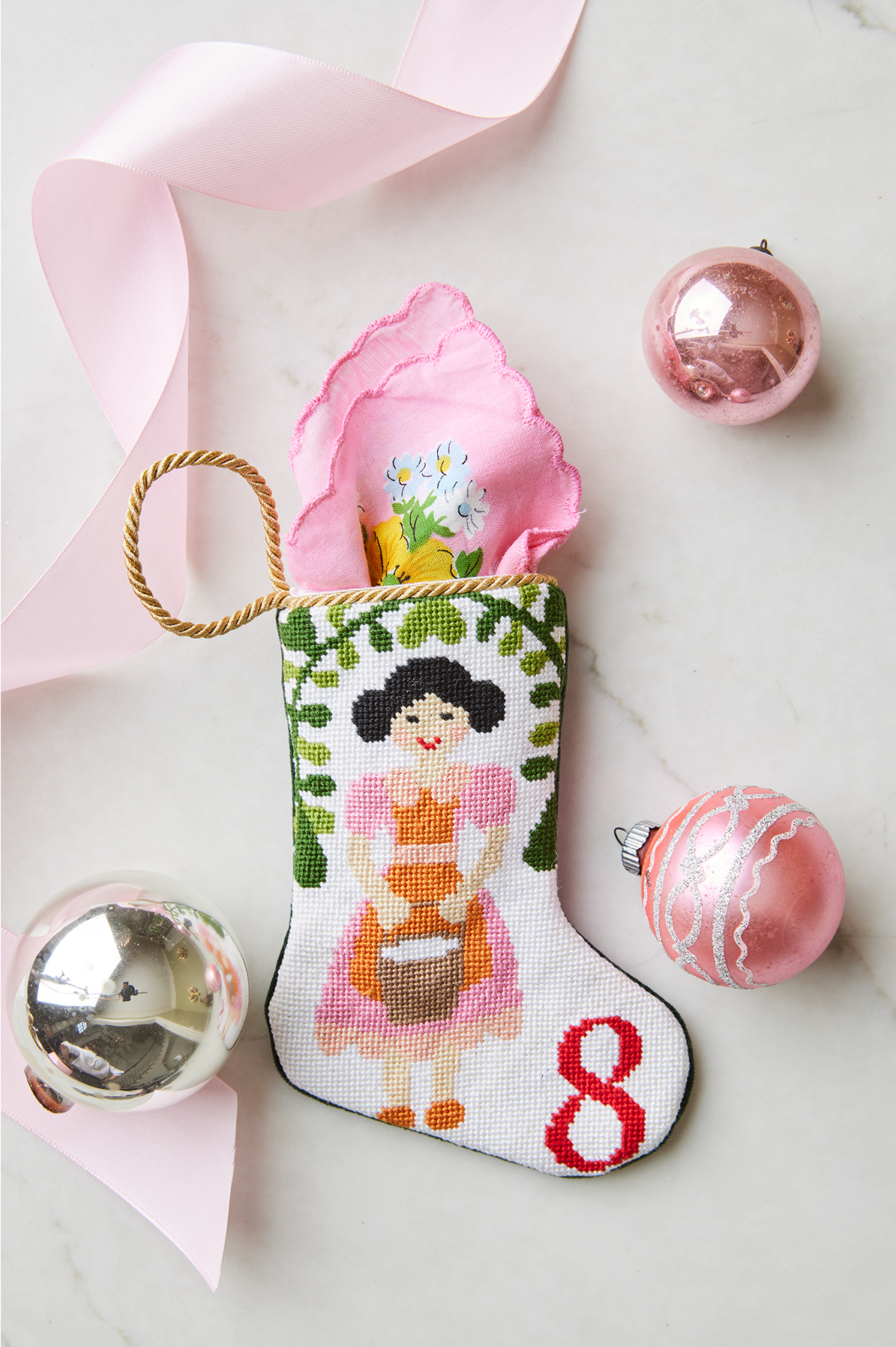 Mini Needlepoint Stocking - 8 Maids a Milking