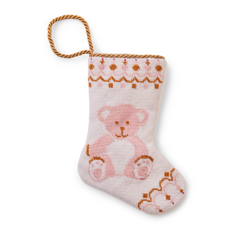 Mini Needlepoint Stocking - Bear-y Christmas in Pink