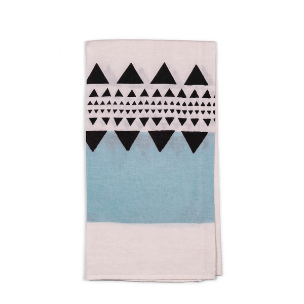 Tea towel featuring a refreshing aqua hue complemented by a sleek black geometric pattern, combining style and functionality.