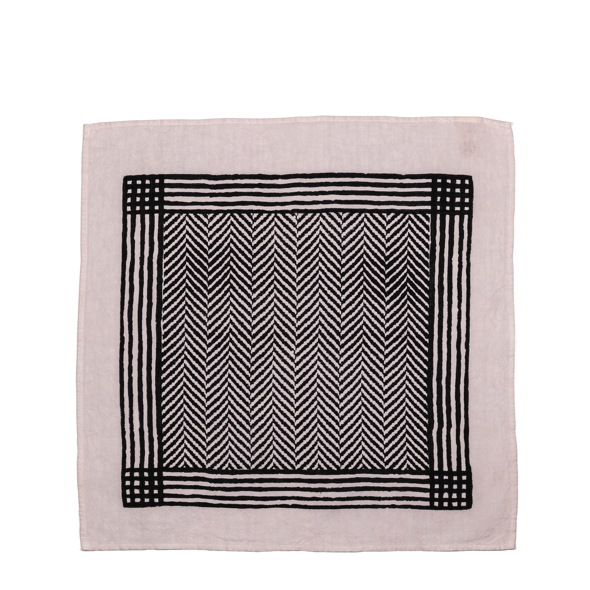 Unfolded white base napkin with a black chevron pattern that creates a visually striking effect, perfect for both formal occasions and casual gatherings.