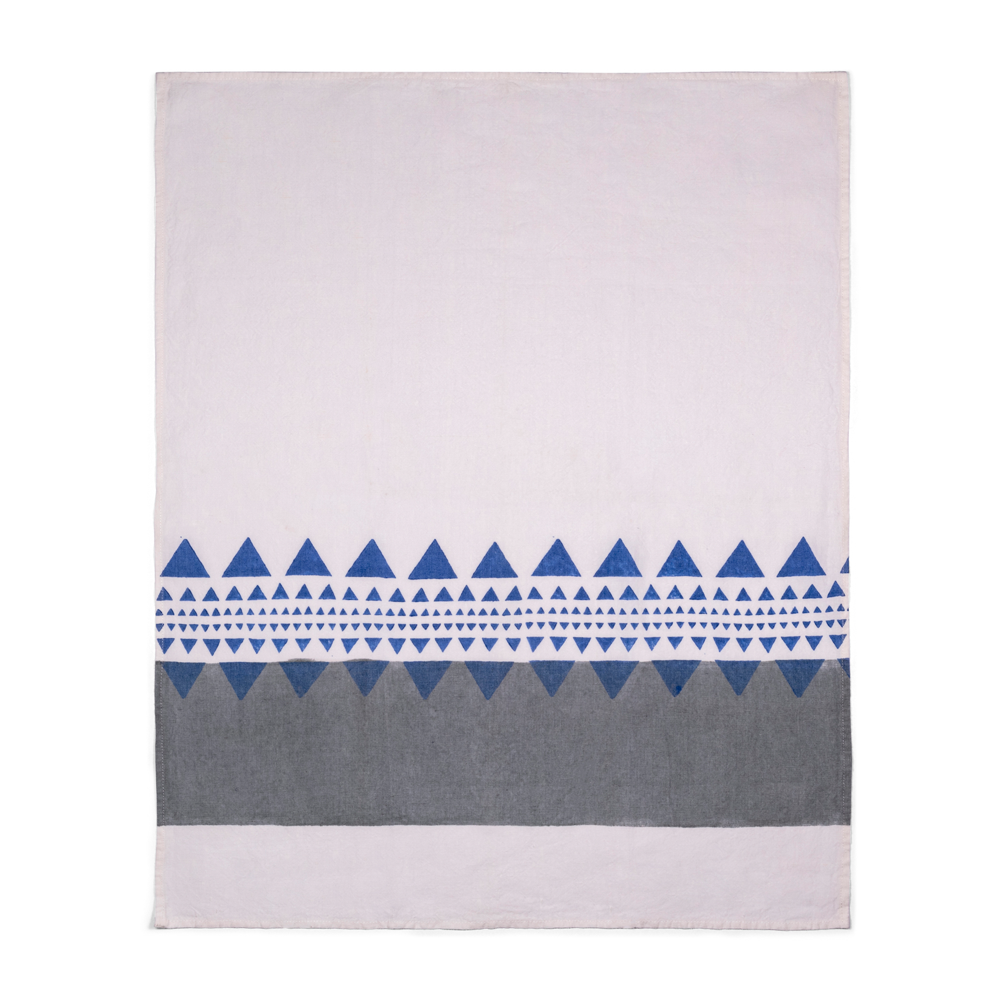 Unfolded tea towel brings contemporary charm featuring a white backdrop, subtle grey stripe and a captivating blue geometric pattern.