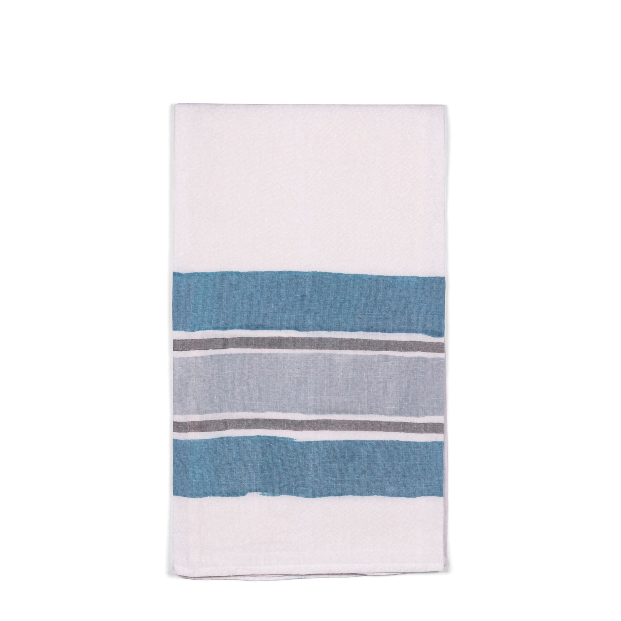A 100% linen white tea towel, with darker blue and grey stripes, handmade of pear wood. Perfect for breakfast, formal dining, a garden tablescape, or using in kitchen.