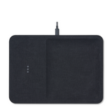 Sleek linen covered wireless charger combines functionality and elegance. This modern charcoal piece is a stylish addition to your office desk or any other space in your home.