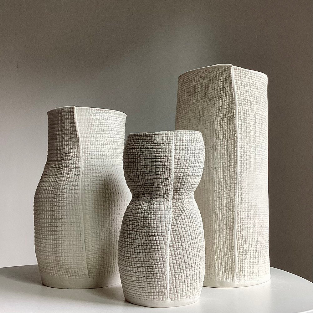 Burlap Fold Cylindrical Vase - White
