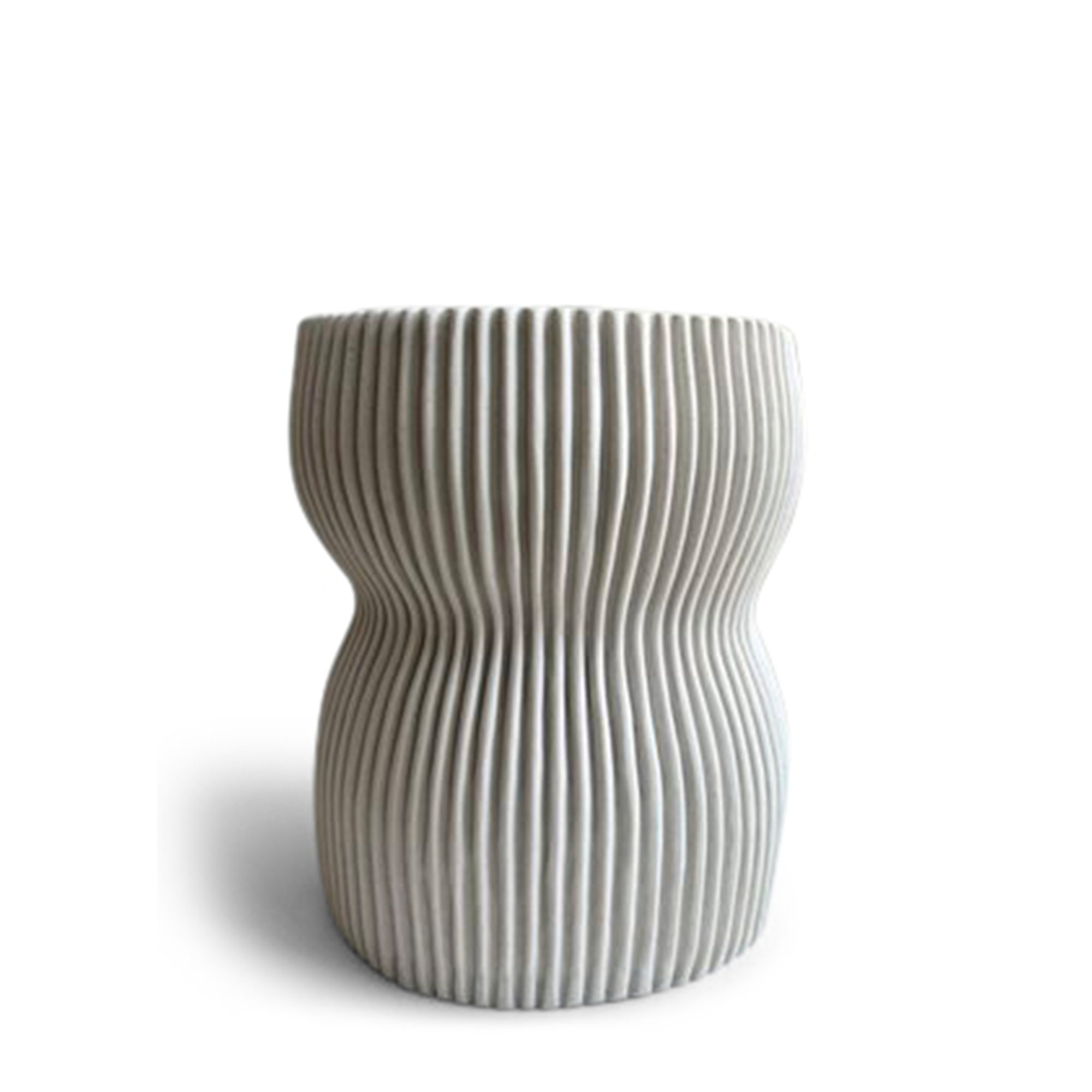 A high white vase with a ribbed texture and an hourglass shape. The vertical grooves create a striking visual effect, enhancing its modern design. This vase is ideal for contemporary or minimalist decor styles.