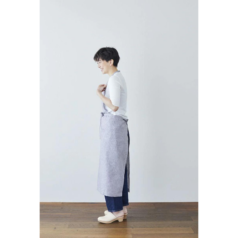 Linen Full-Length Apron - Grey + White Striped