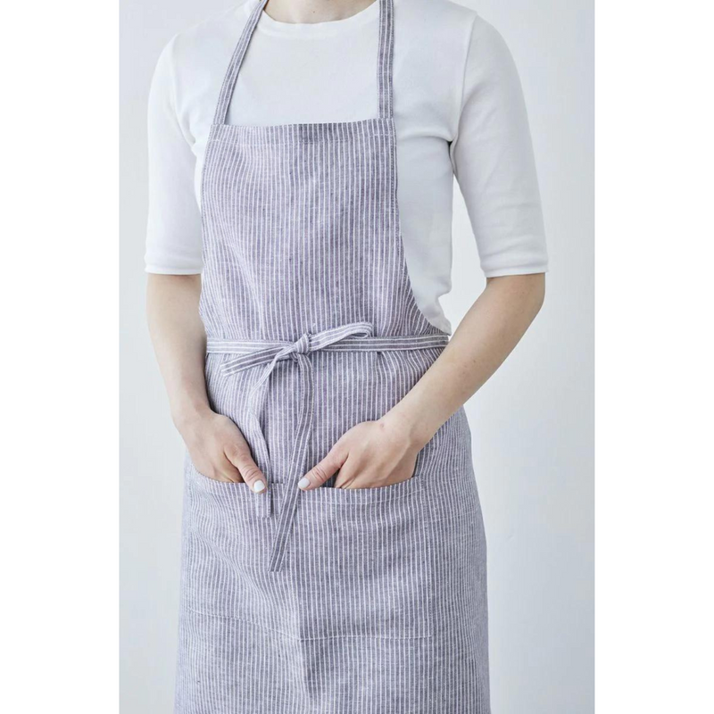 Linen Full-Length Apron - Grey + White Striped