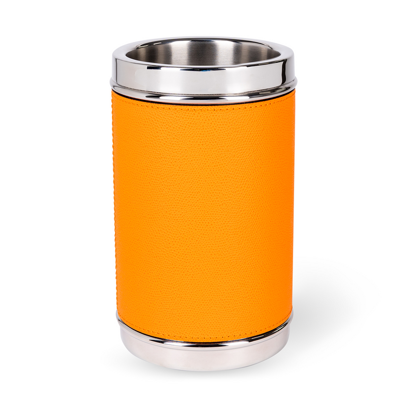 Encased in the finest calfskin, this Orange Ocean Bottle Cooler keeps your beverages cool in vibrant style. A sleek and elegant design makes it a statement accessory for any gathering.
