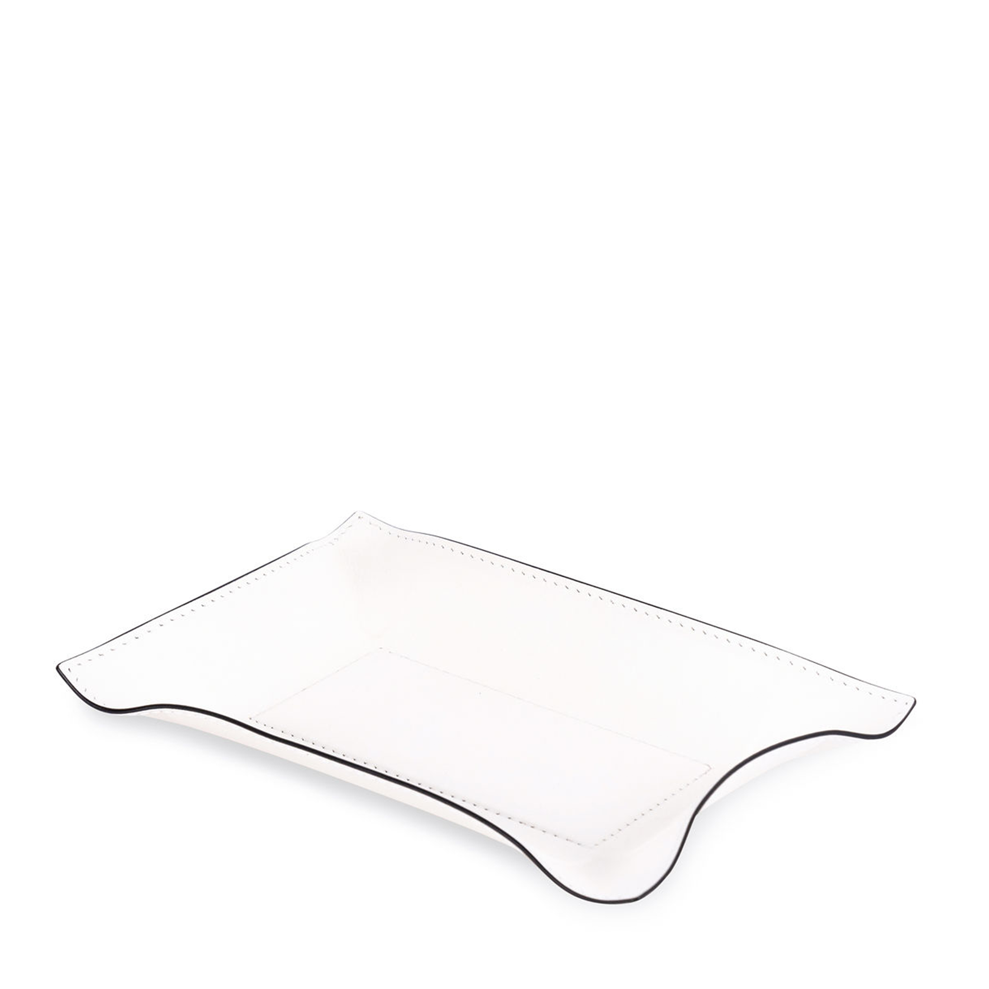 This small rectangular white tray with black borders has the hard base and flexible sides that can be adapted to your preferred arrangement. Covered in the finest calfskin, it makes a both functional and decorative piece for any space at home.