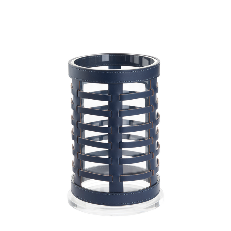 Crafted from durable acrylic and luxurious, navy calfskin, these elegant small outdoor lanterns are suitable for both indoor and outdoor spaces, adding a touch of sophistication to your decor.