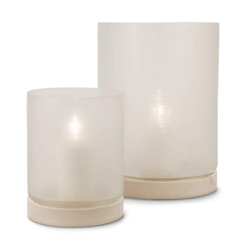 This elegant Aran Hurricane, made of glass and sycamore wood, captures attention with its simplicity and illuminates any indoor and outdoor space with soft cream hues.