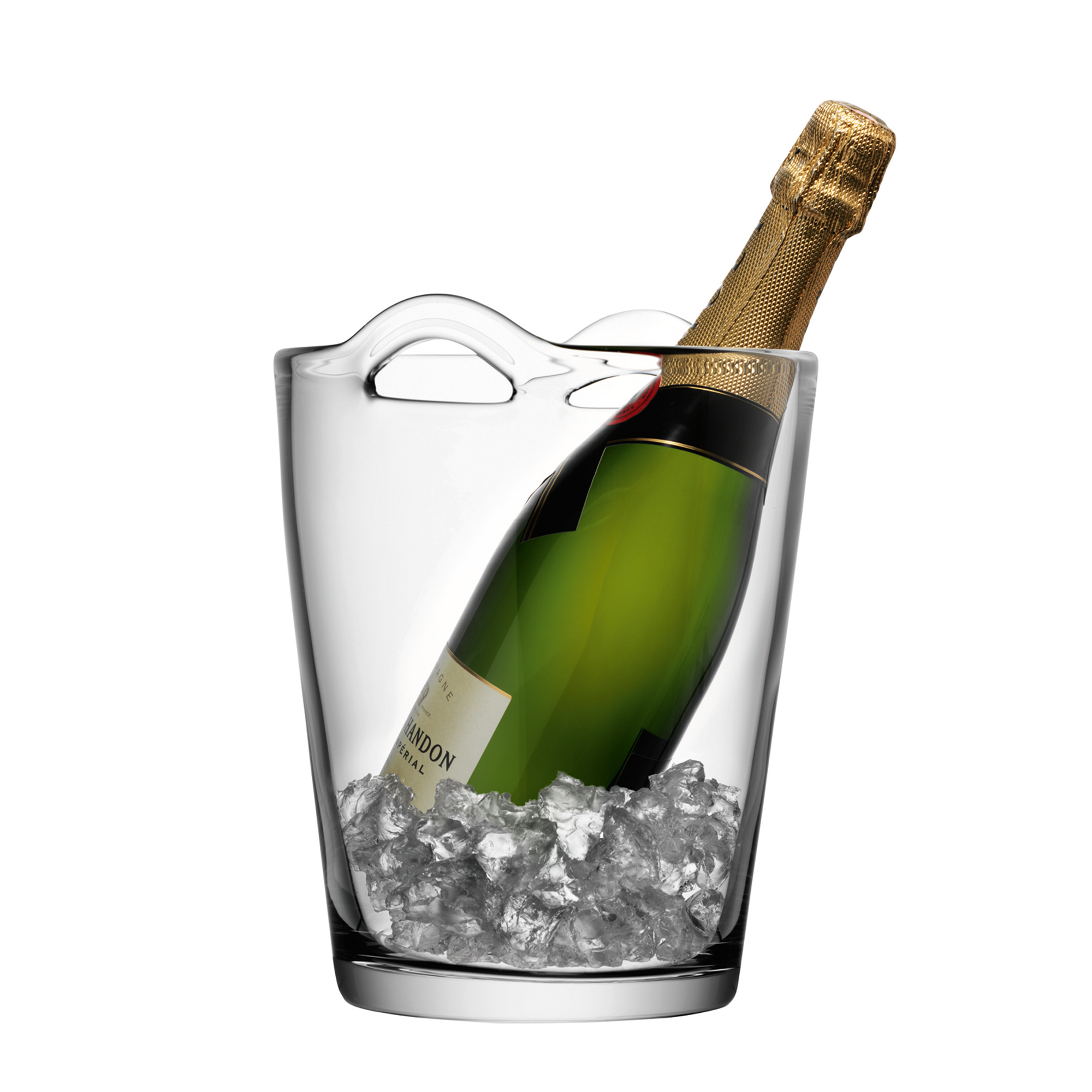 A classic glass ice bucket with a generous conical shape and looped handles, ideal for chilling champagne. Mouth-blown by skilled artisans, it features a scissor-cut rim and hand-shaped handles for a timeless look.
