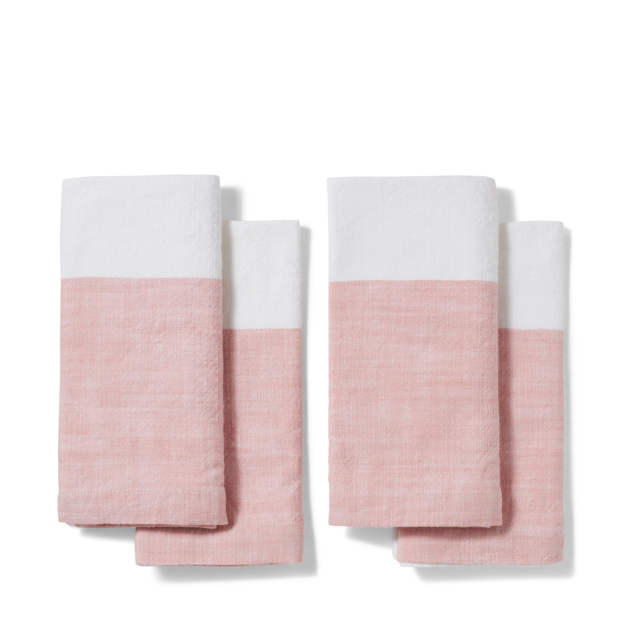 Pink and white, versatile 100% cotton napkins with a color block design offering four stylish looks. Machine washable and wrinkle-resistant. Easy to fold and ready for your dinner party straight from the dryer.