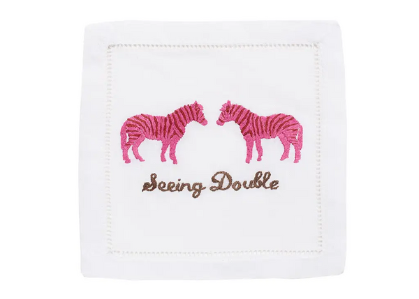 Cocktail napkin Seeing Double, a humorous design featuring two pink zebras, adding a fun touch to your cocktail party.