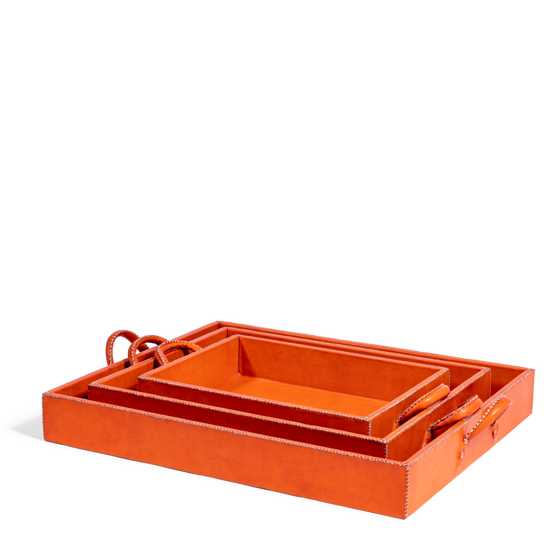 Handled Leather Tray - Orange