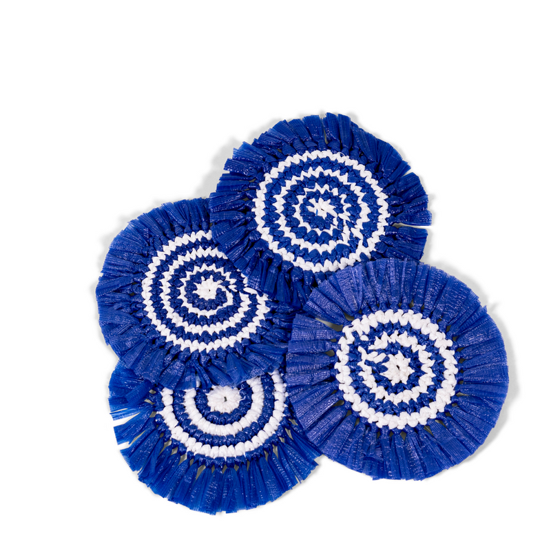 Woven Fringe Coasters - Blue + White