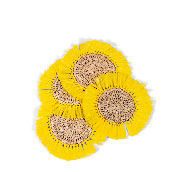Woven Rattan Fringe Coasters - Canary Yellow