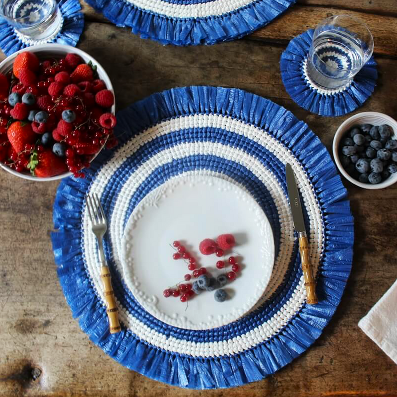 Woven Fringe Placemat - Blue + White