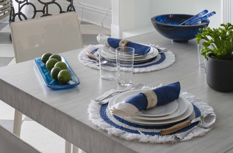 Woven Fringe Placemat - White + Navy